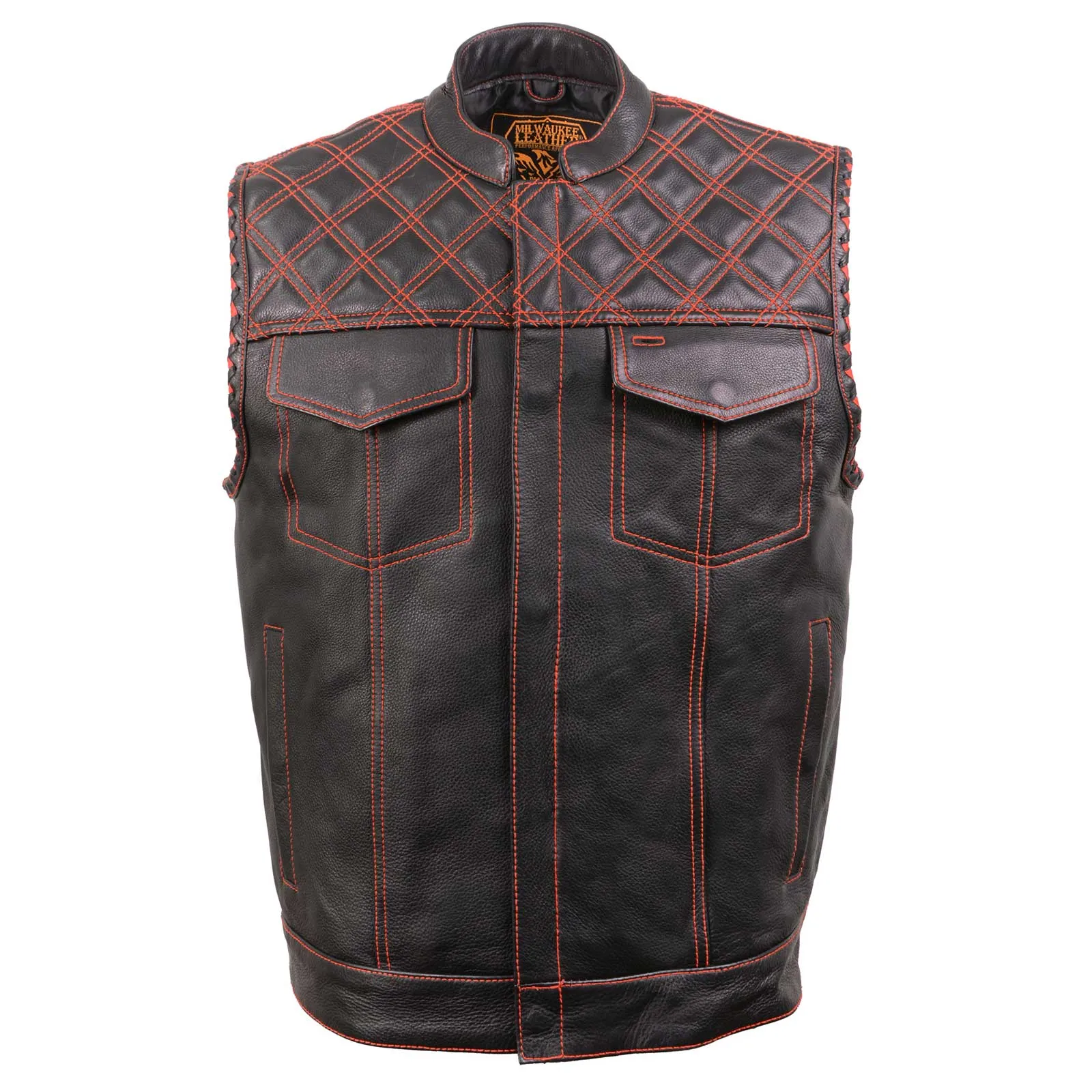 MLM3526 Men's Black 'Paisley' Accented Red Stitching Leather Vest – w/ Armhole Trim Open Collar Design