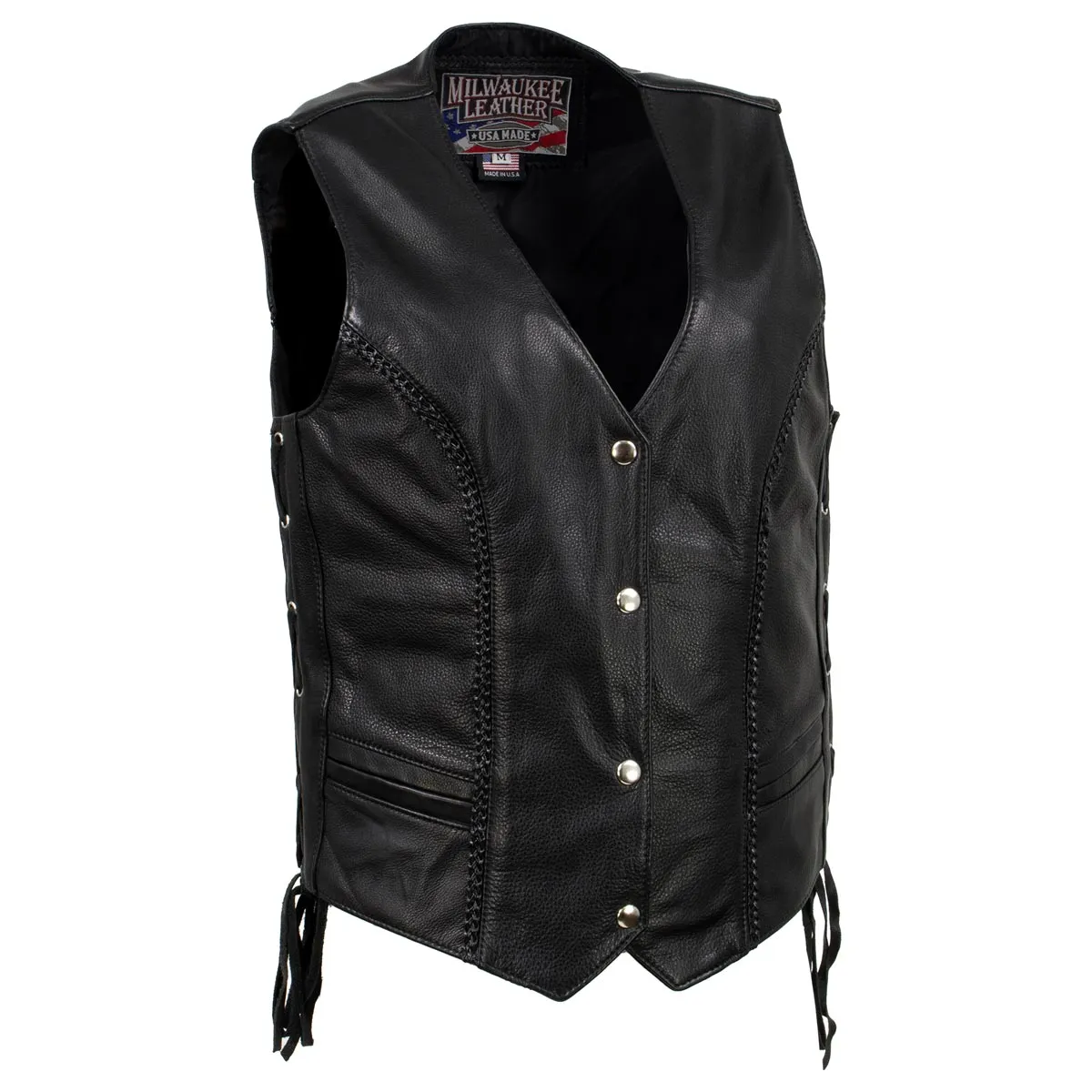MLVSL5001 Women's Black 'Vivacious' Braided Motorcycle Leather Vest
