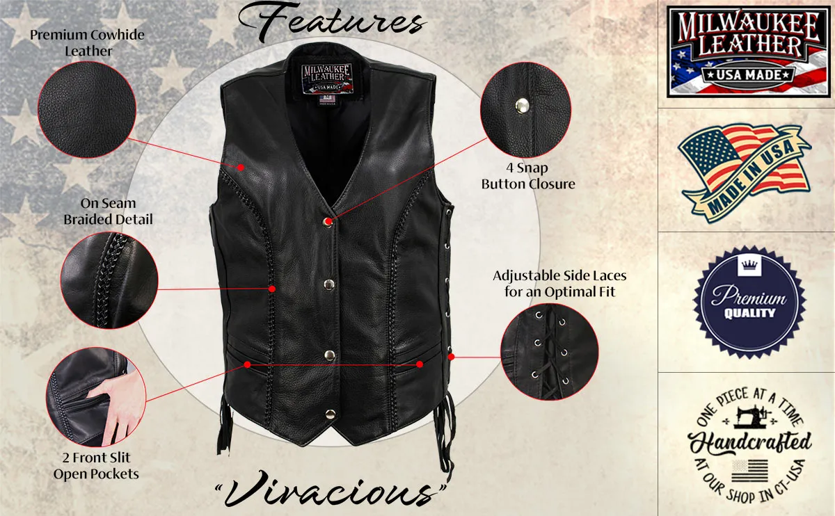 MLVSL5001 Women's Black 'Vivacious' Braided Motorcycle Leather Vest
