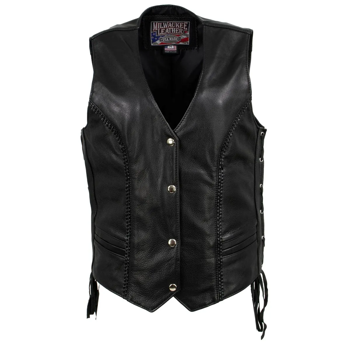 MLVSL5001 Women's Black 'Vivacious' Braided Motorcycle Leather Vest