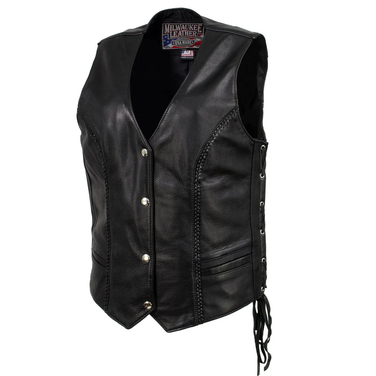 MLVSL5001 Women's Black 'Vivacious' Braided Motorcycle Leather Vest