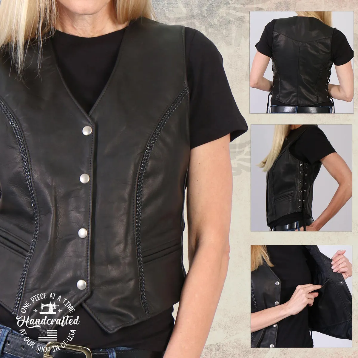 MLVSL5001 Women's Black 'Vivacious' Braided Motorcycle Leather Vest