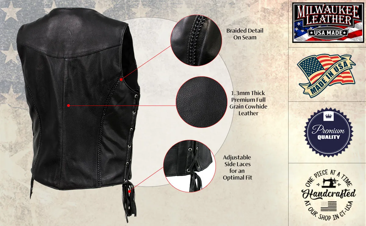 MLVSL5001 Women's Black 'Vivacious' Braided Motorcycle Leather Vest