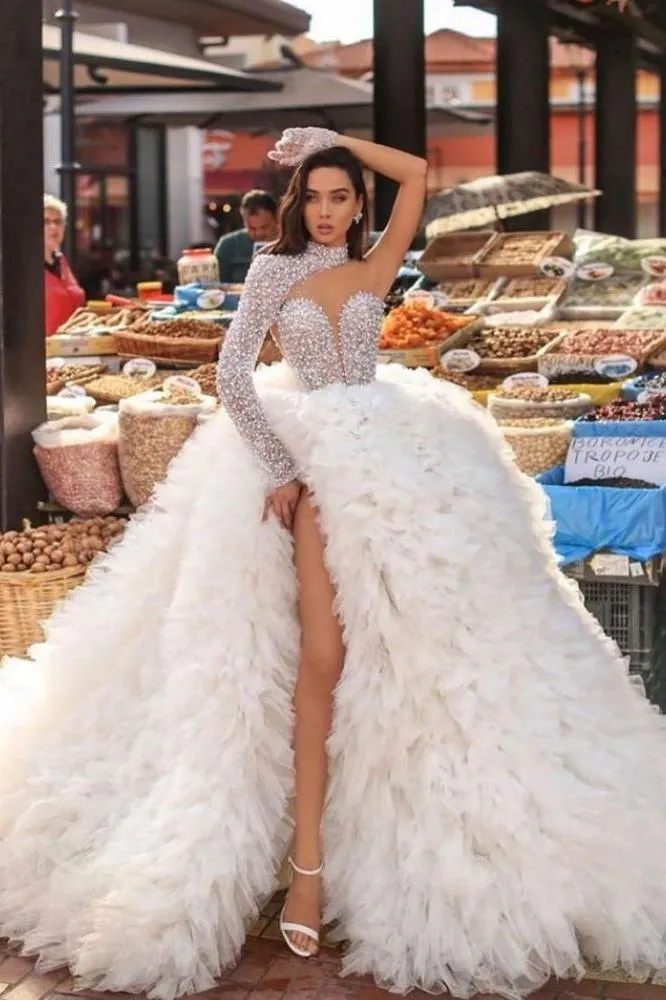 Modern One Shoulder Feather Splitfront Wedding Party Gown Glitter Sequins