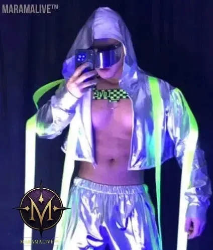 New Silver Futuristic Technology Set Men Sexy Gogo Costume Nightclub Bar Fluorescent Outfit Reflective Hooded Jacket Pants Suit