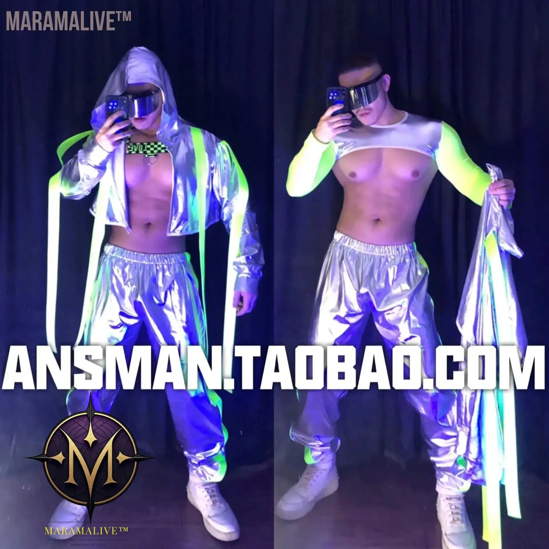 New Silver Futuristic Technology Set Men Sexy Gogo Costume Nightclub Bar Fluorescent Outfit Reflective Hooded Jacket Pants Suit