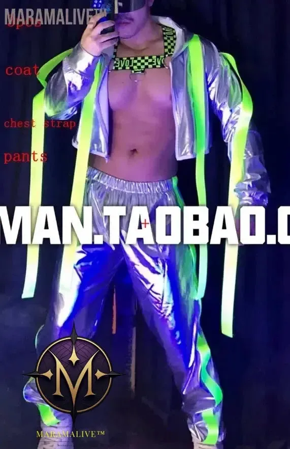 New Silver Futuristic Technology Set Men Sexy Gogo Costume Nightclub Bar Fluorescent Outfit Reflective Hooded Jacket Pants Suit