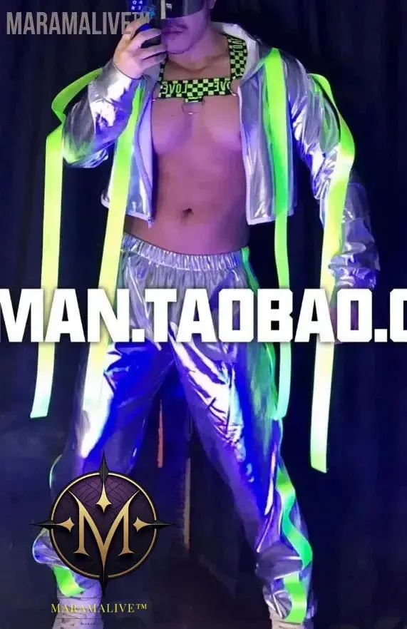 New Silver Futuristic Technology Set Men Sexy Gogo Costume Nightclub Bar Fluorescent Outfit Reflective Hooded Jacket Pants Suit