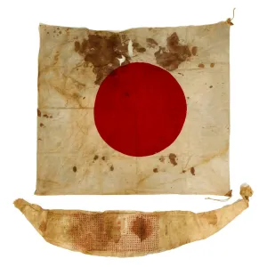 Original Japanese WWII USGI Bring Back Set Taken from KIA Japanese Soldier - Senninbari 1000 Stitch Belt & National Flag