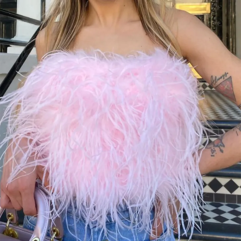 Ostrich Feather Top Fur Tube Top Strapless Fur Boa Bandeau Bra Vest Party Club Women