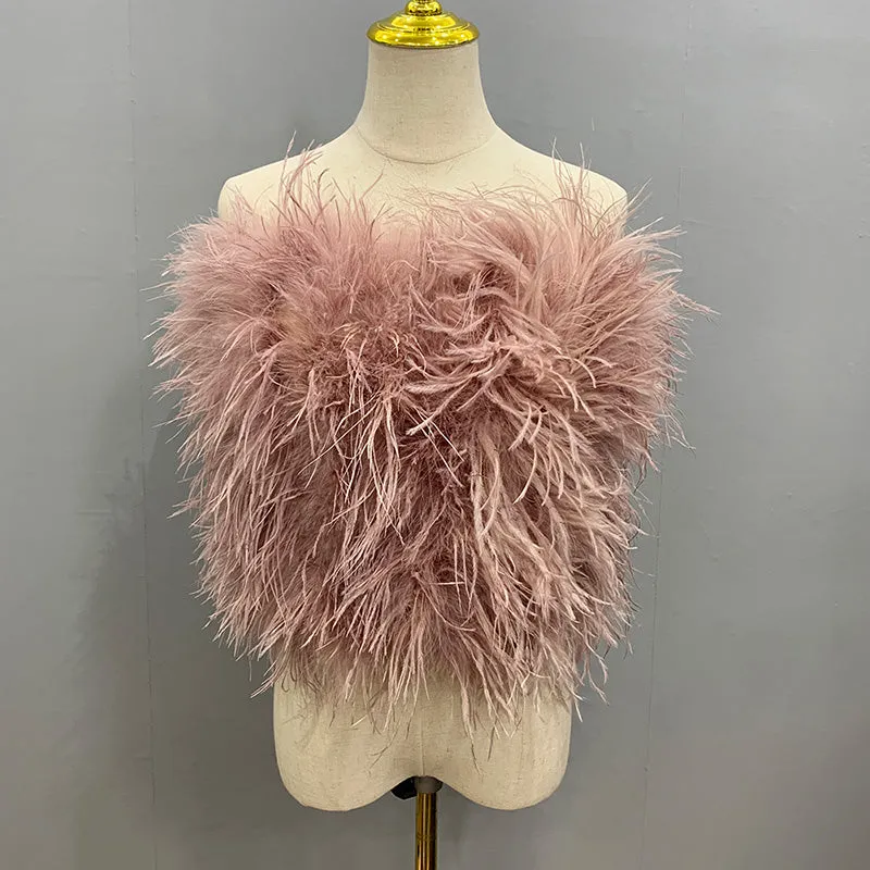 Ostrich Feather Top Fur Tube Top Strapless Fur Boa Bandeau Bra Vest Party Club Women
