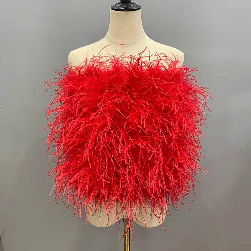 Ostrich Feather Top Fur Tube Top Strapless Fur Boa Bandeau Bra Vest Party Club Women