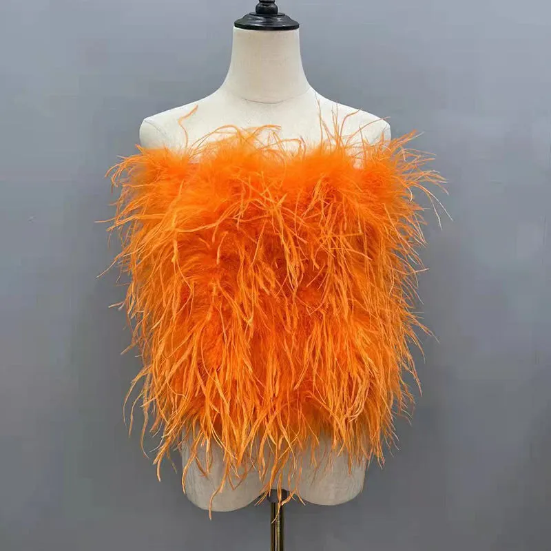 Ostrich Feather Top Fur Tube Top Strapless Fur Boa Bandeau Bra Vest Party Club Women