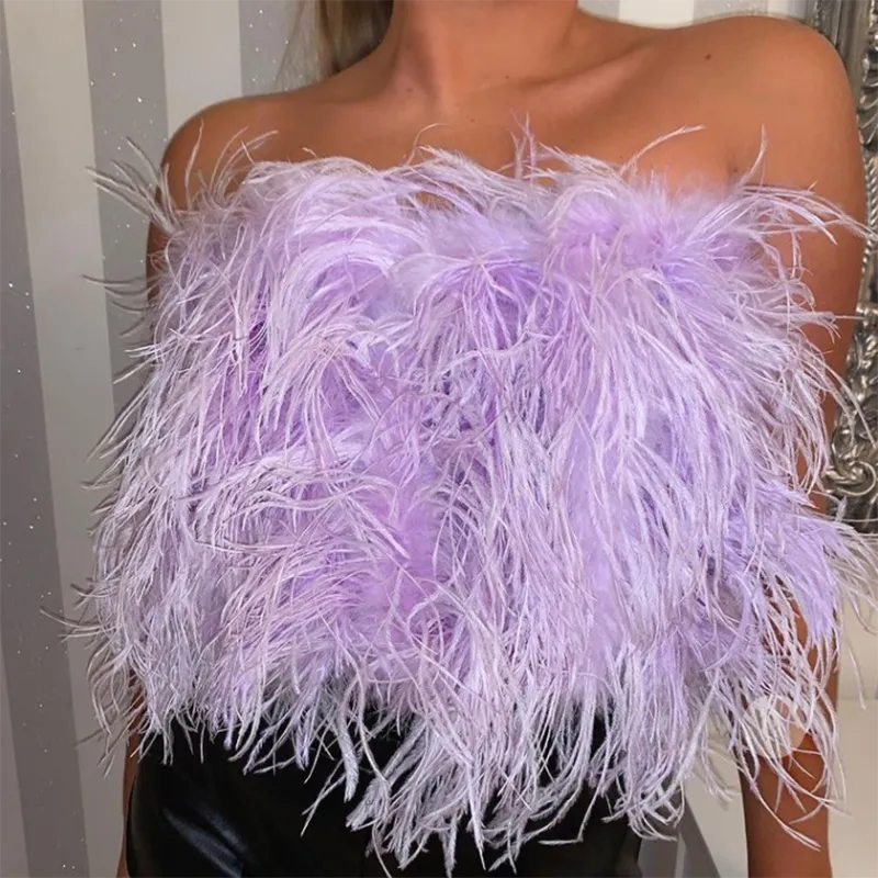 Ostrich Feather Top Fur Tube Top Strapless Fur Boa Bandeau Bra Vest Party Club Women