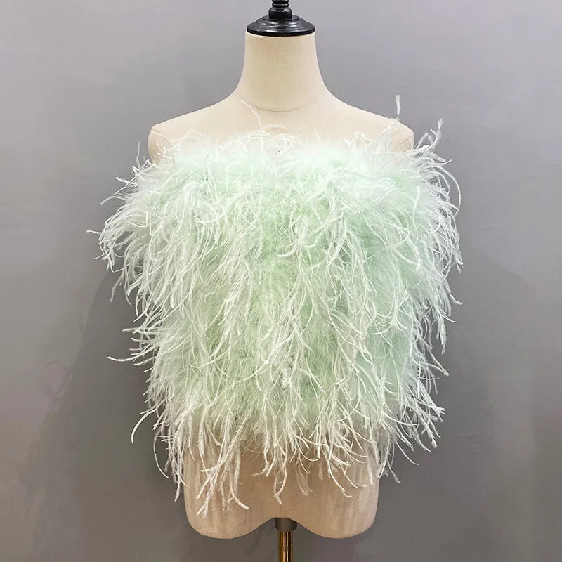 Ostrich Feather Top Fur Tube Top Strapless Fur Boa Bandeau Bra Vest Party Club Women