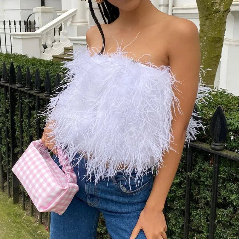 Ostrich Feather Top Fur Tube Top Strapless Fur Boa Bandeau Bra Vest Party Club Women