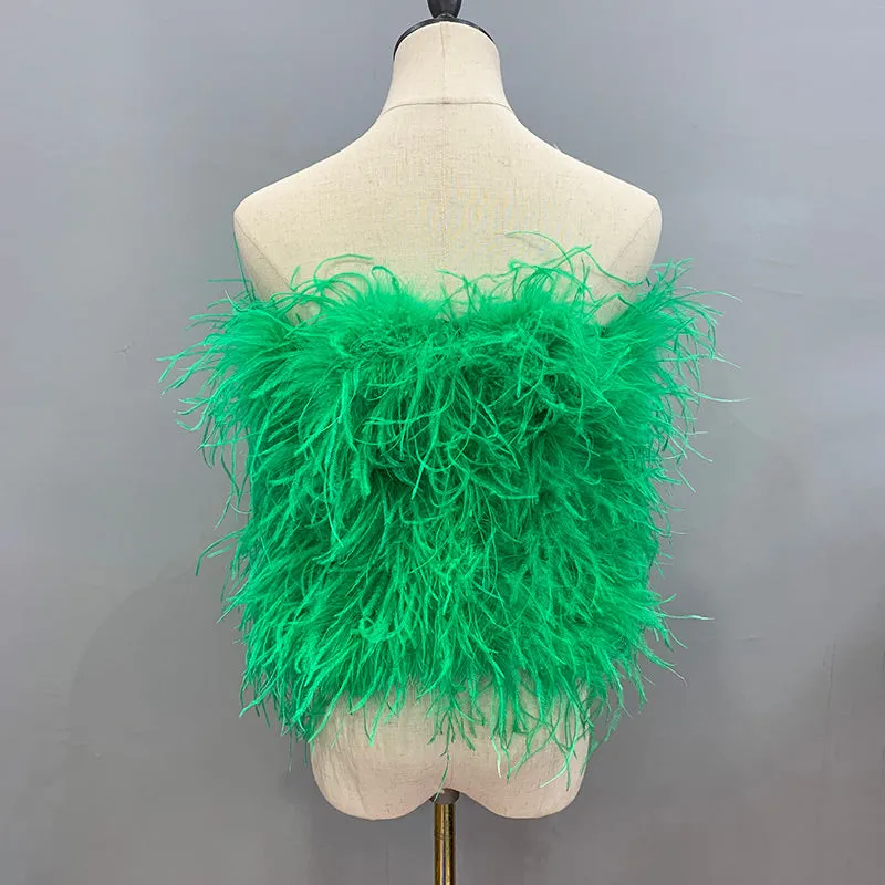 Ostrich Feather Top Fur Tube Top Strapless Fur Boa Bandeau Bra Vest Party Club Women