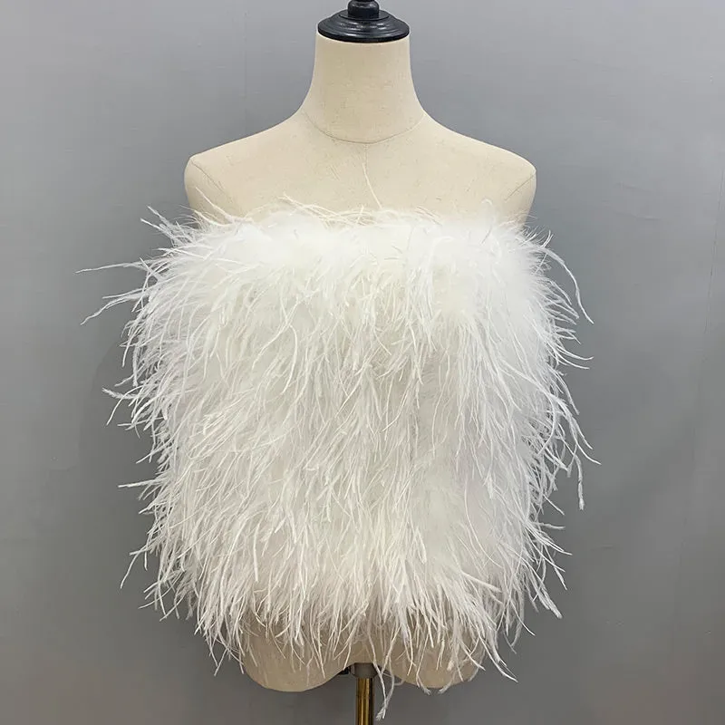 Ostrich Feather Top Fur Tube Top Strapless Fur Boa Bandeau Bra Vest Party Club Women