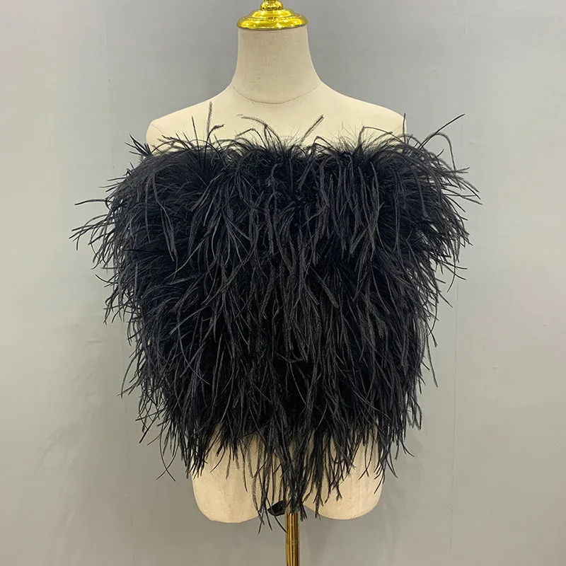 Ostrich Feather Top Fur Tube Top Strapless Fur Boa Bandeau Bra Vest Party Club Women