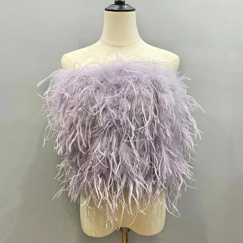 Ostrich Feather Top Fur Tube Top Strapless Fur Boa Bandeau Bra Vest Party Club Women