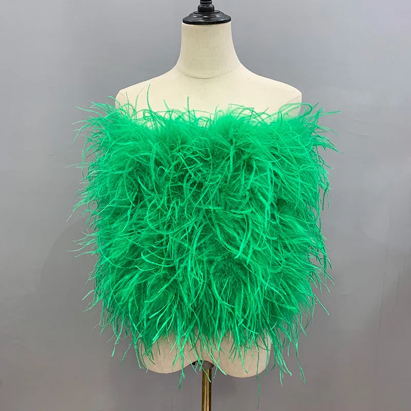 Ostrich Feather Top Fur Tube Top Strapless Fur Boa Bandeau Bra Vest Party Club Women