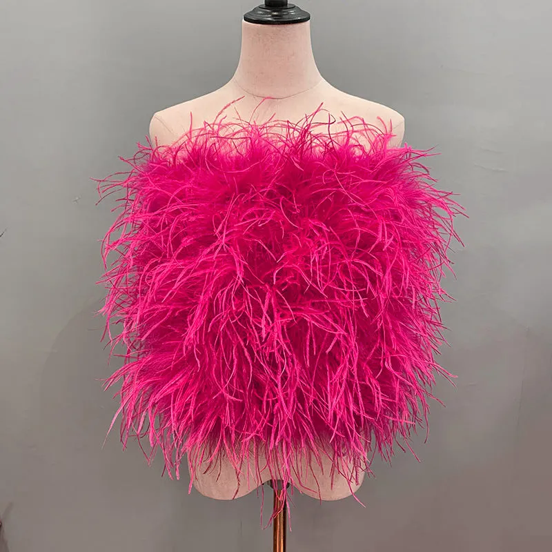 Ostrich Feather Top Fur Tube Top Strapless Fur Boa Bandeau Bra Vest Party Club Women