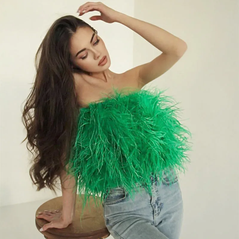 Ostrich Feather Top Fur Tube Top Strapless Fur Boa Bandeau Bra Vest Party Club Women