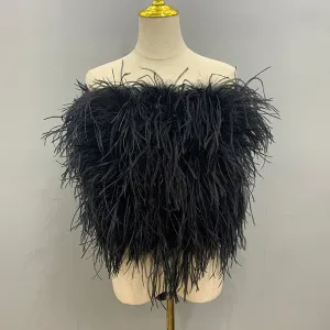 Ostrich Feather Top Fur Tube Top Strapless Fur Boa Bandeau Bra Vest Party Club Women