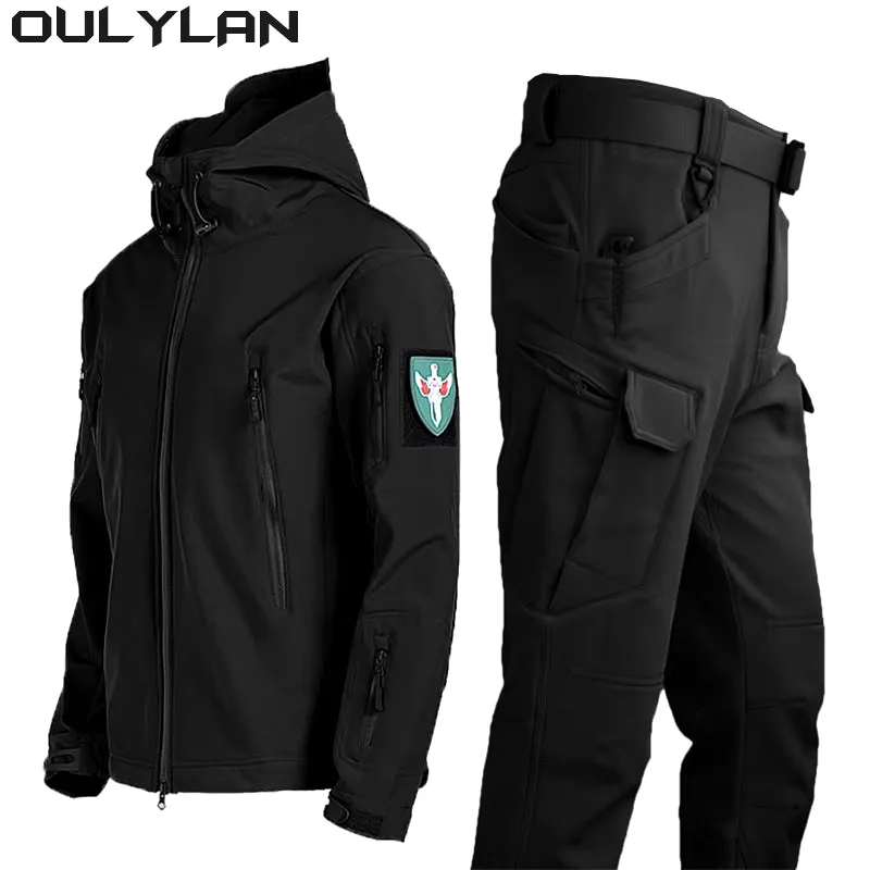 Oulylan Softshell Tactical Waterproof Jacket Fishing Hiking Camping Climbing Jacket Hoodedwinter Autumn Tracksuits Set Men