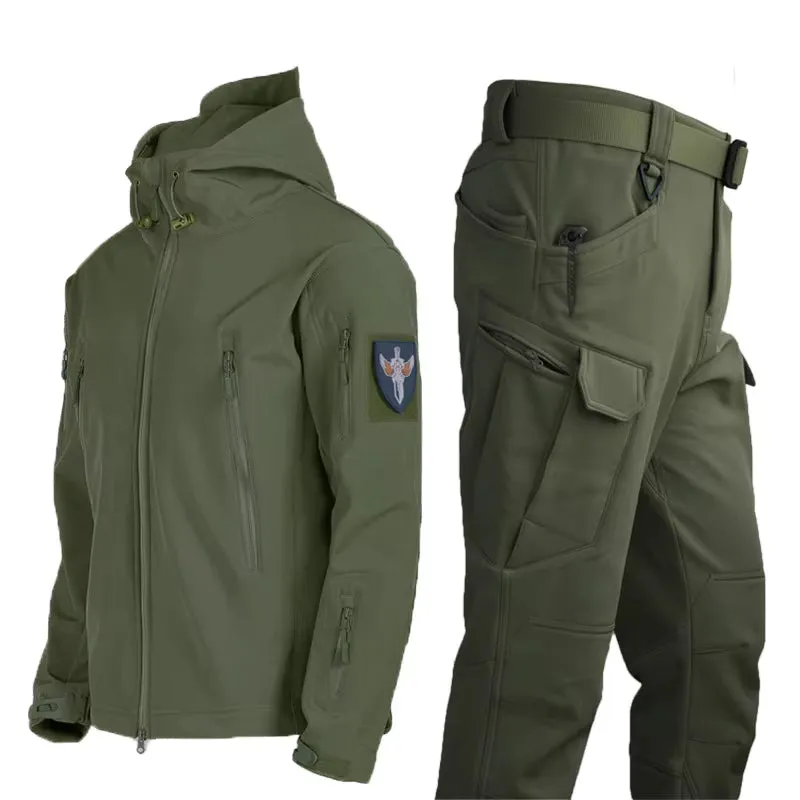 Oulylan Softshell Tactical Waterproof Jacket Fishing Hiking Camping Climbing Jacket Hoodedwinter Autumn Tracksuits Set Men