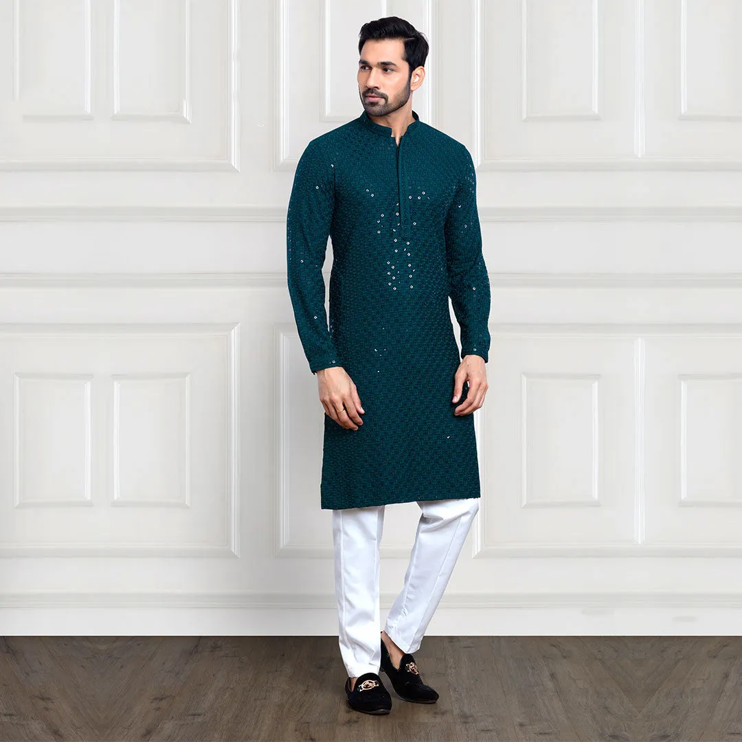 Peacock Blue Sequined Pant Kurta Set