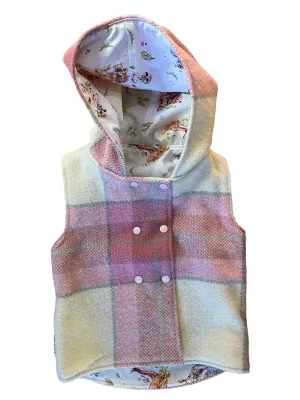 Pink Check 100% Wool Reversible Hooded Long Fronted Vest Lined in Baby Safari Animals - Age 1