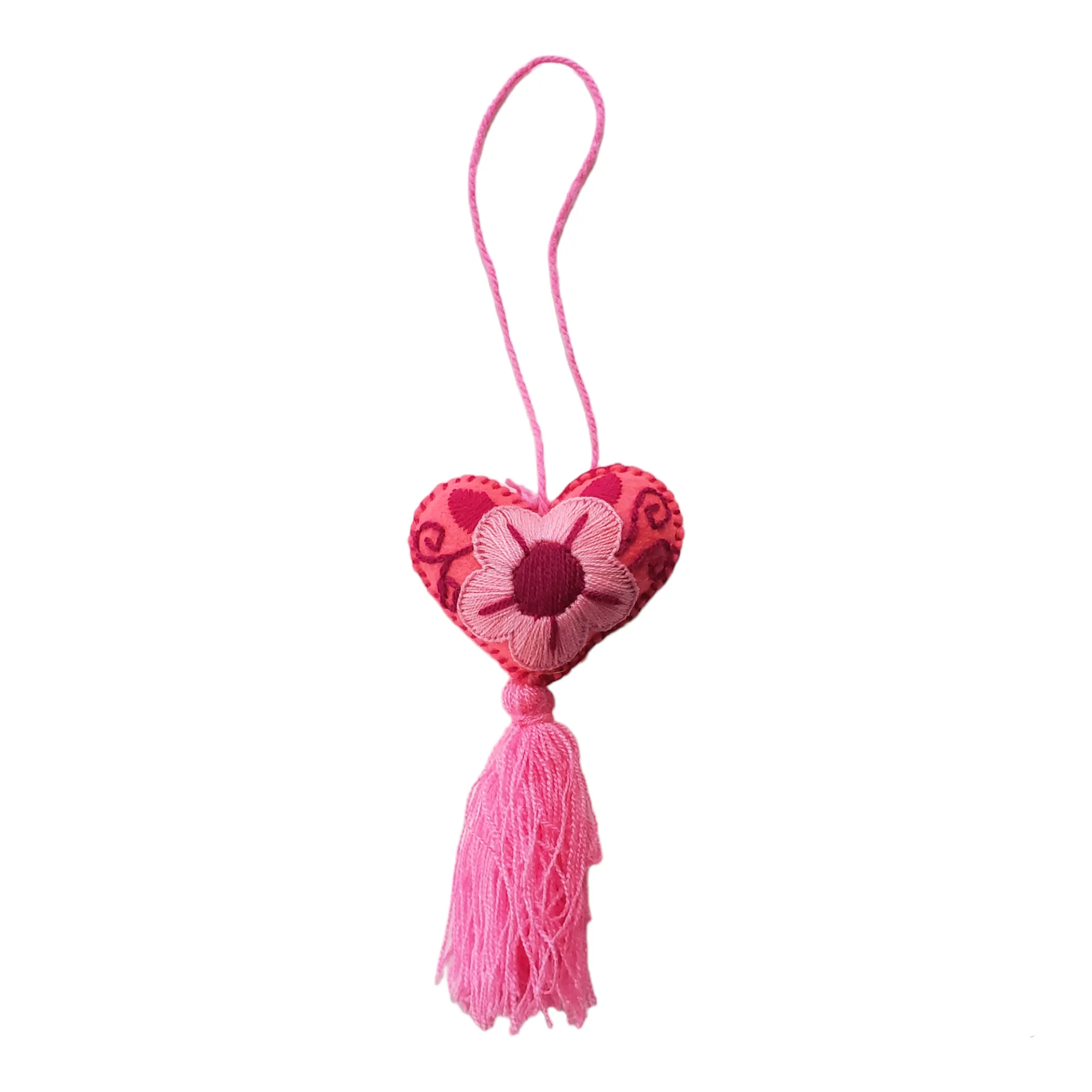 Pink Felt Heart Ornament from Chiapas Mexico