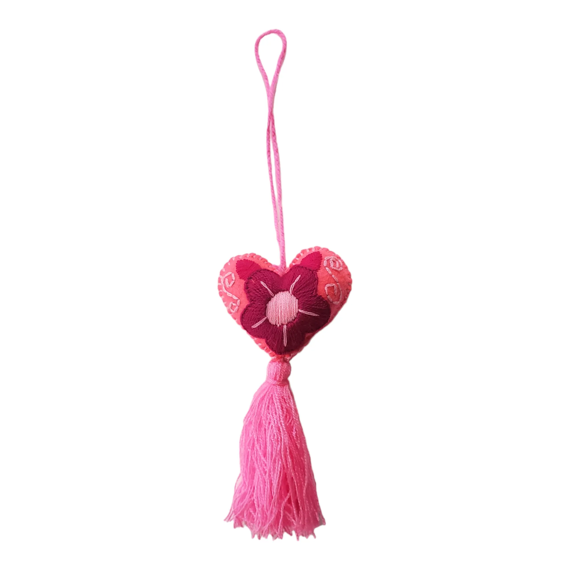 Pink Felt Heart Ornament from Chiapas Mexico