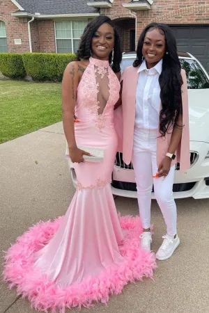 Pink Halter Gold Sequins Prom Dresses Mermaid Feather Evening Dress