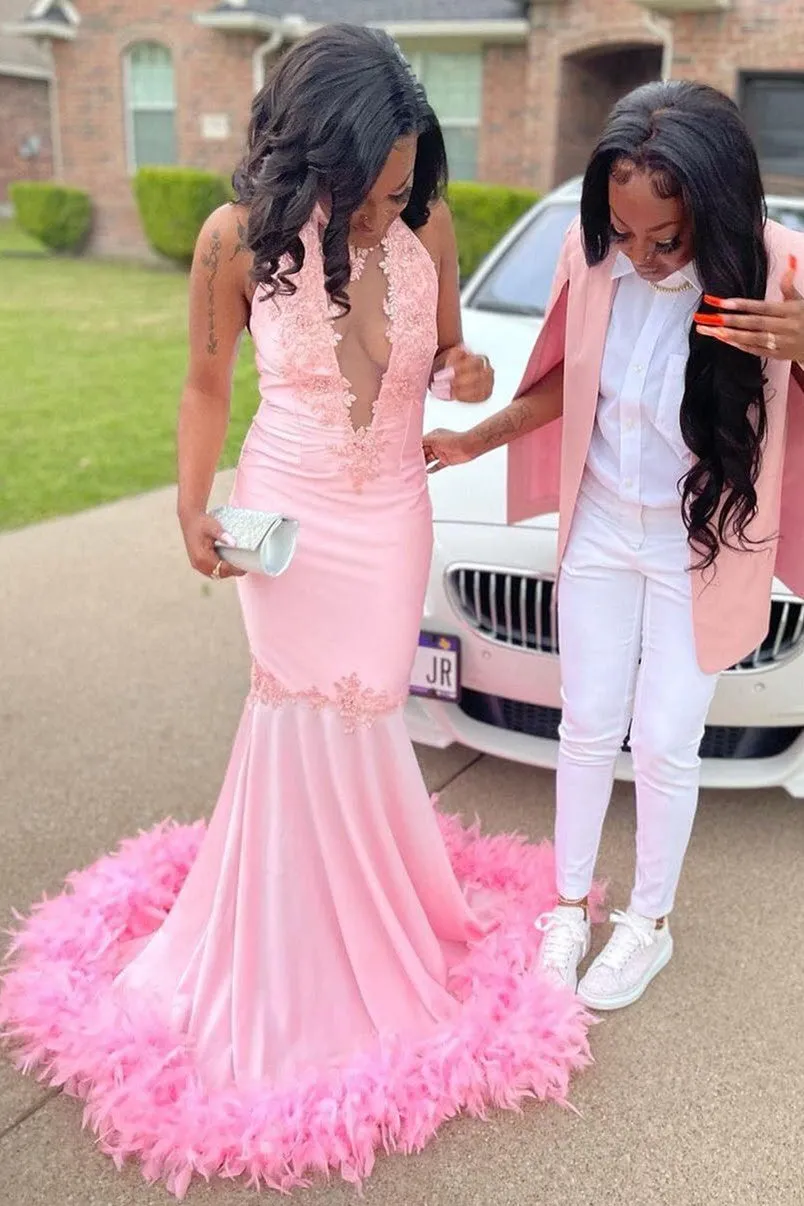 Pink Halter Gold Sequins Prom Dresses Mermaid Feather Evening Dress