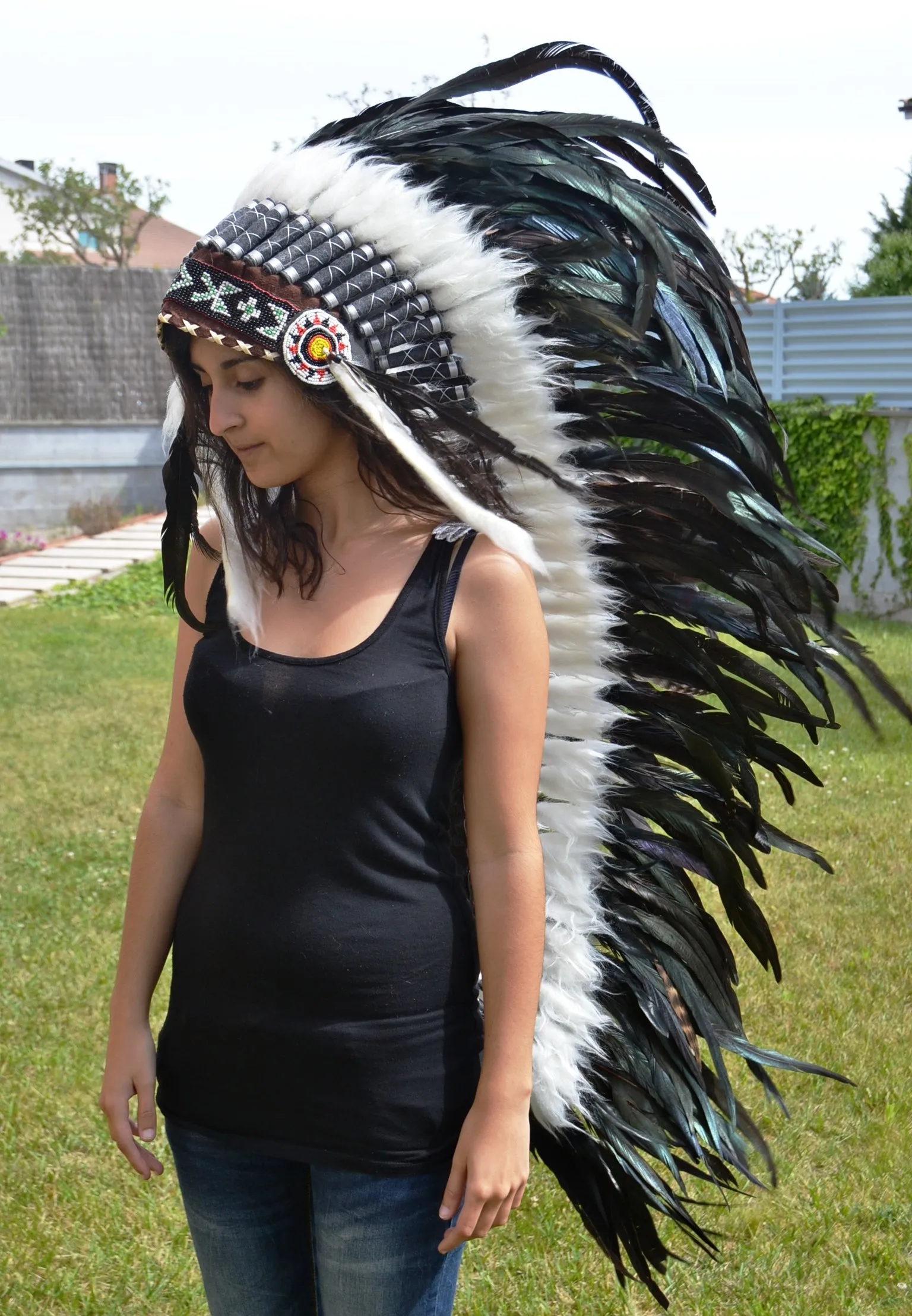 PRICE REDUCED N91-Extra Large Natural colour  Feather Headdress (43  inch long )/ war bonnet