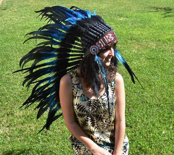 PRICE REDUCED Y06 Indian Native American Style , War bonnet , Medium Electric Blue Feather Headdress (36 inch long )..