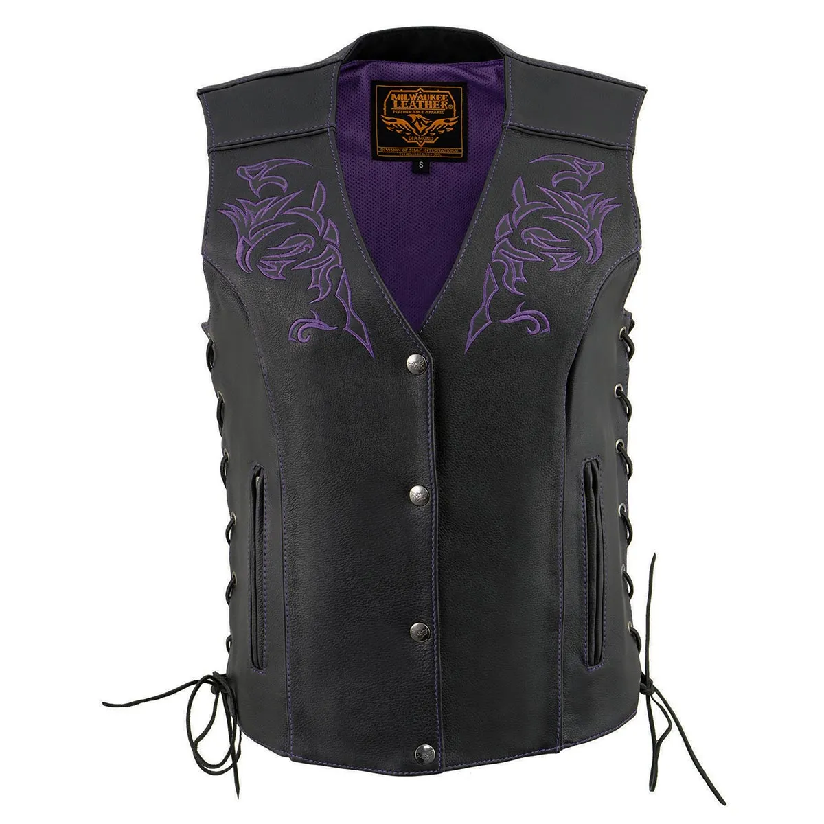 Purple Color ML1296 PURPLE Women's Black Leather Side Lace Motorcycle Rider Vest- Reflective Piping and Purple Skulls
