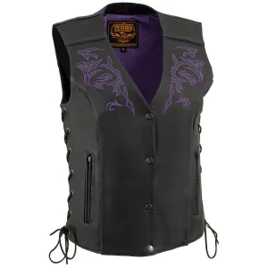 Purple Color ML1296 PURPLE Women's Black Leather Side Lace Motorcycle Rider Vest- Reflective Piping and Purple Skulls