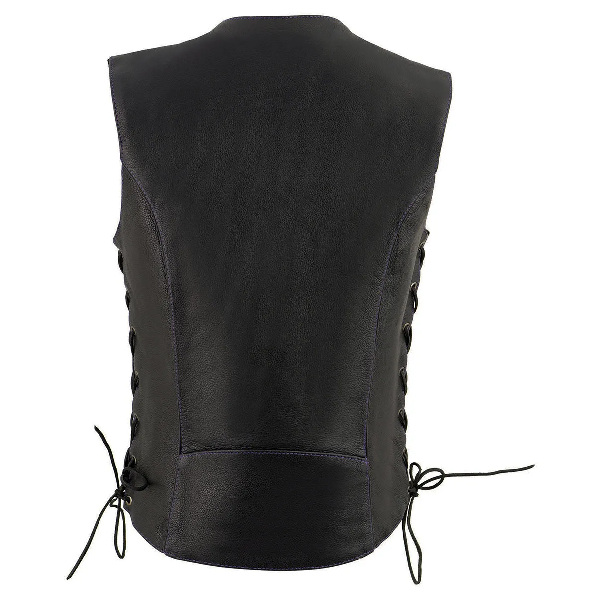 Purple Color ML1296 PURPLE Women's Black Leather Side Lace Motorcycle Rider Vest- Reflective Piping and Purple Skulls