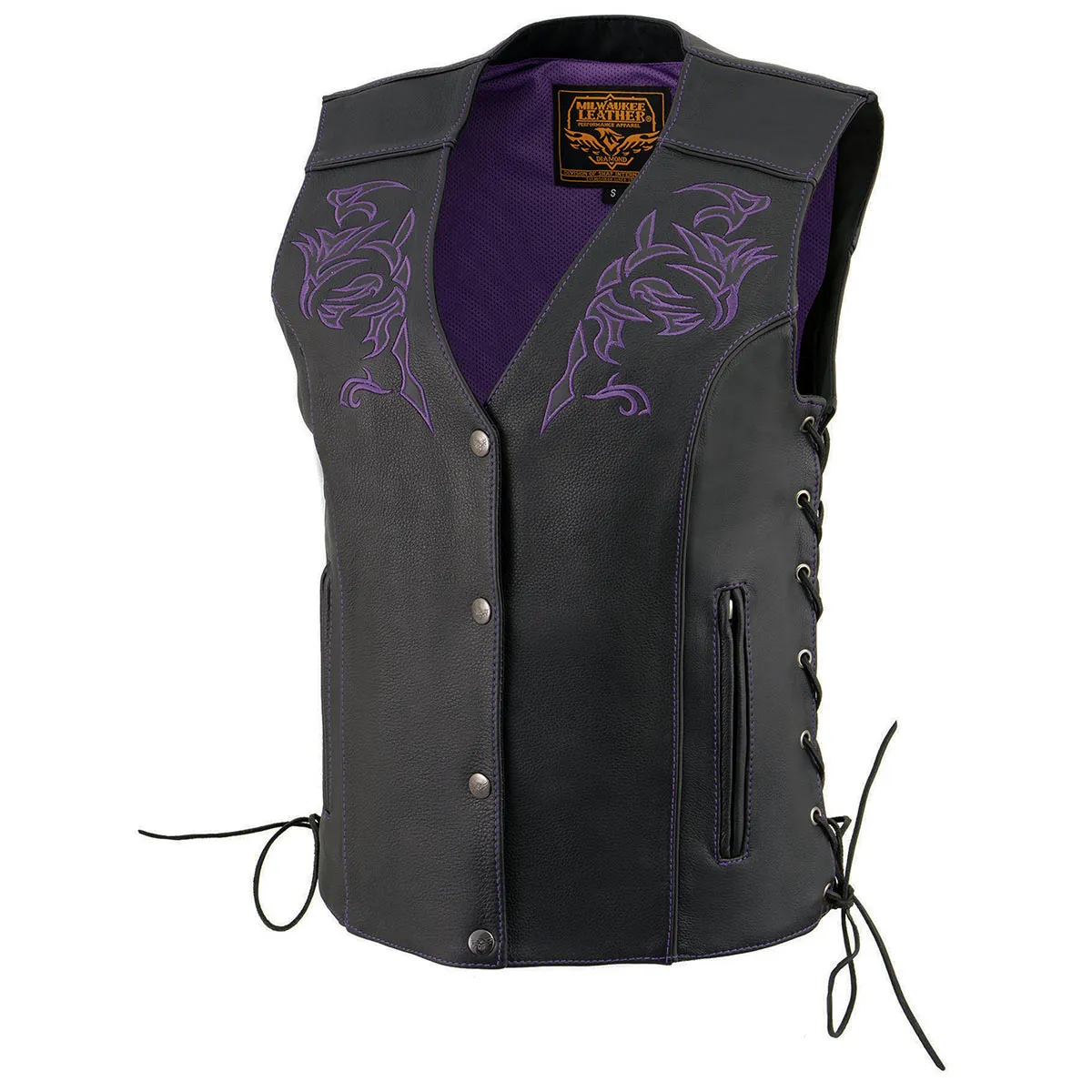 Purple Color ML1296 PURPLE Women's Black Leather Side Lace Motorcycle Rider Vest- Reflective Piping and Purple Skulls