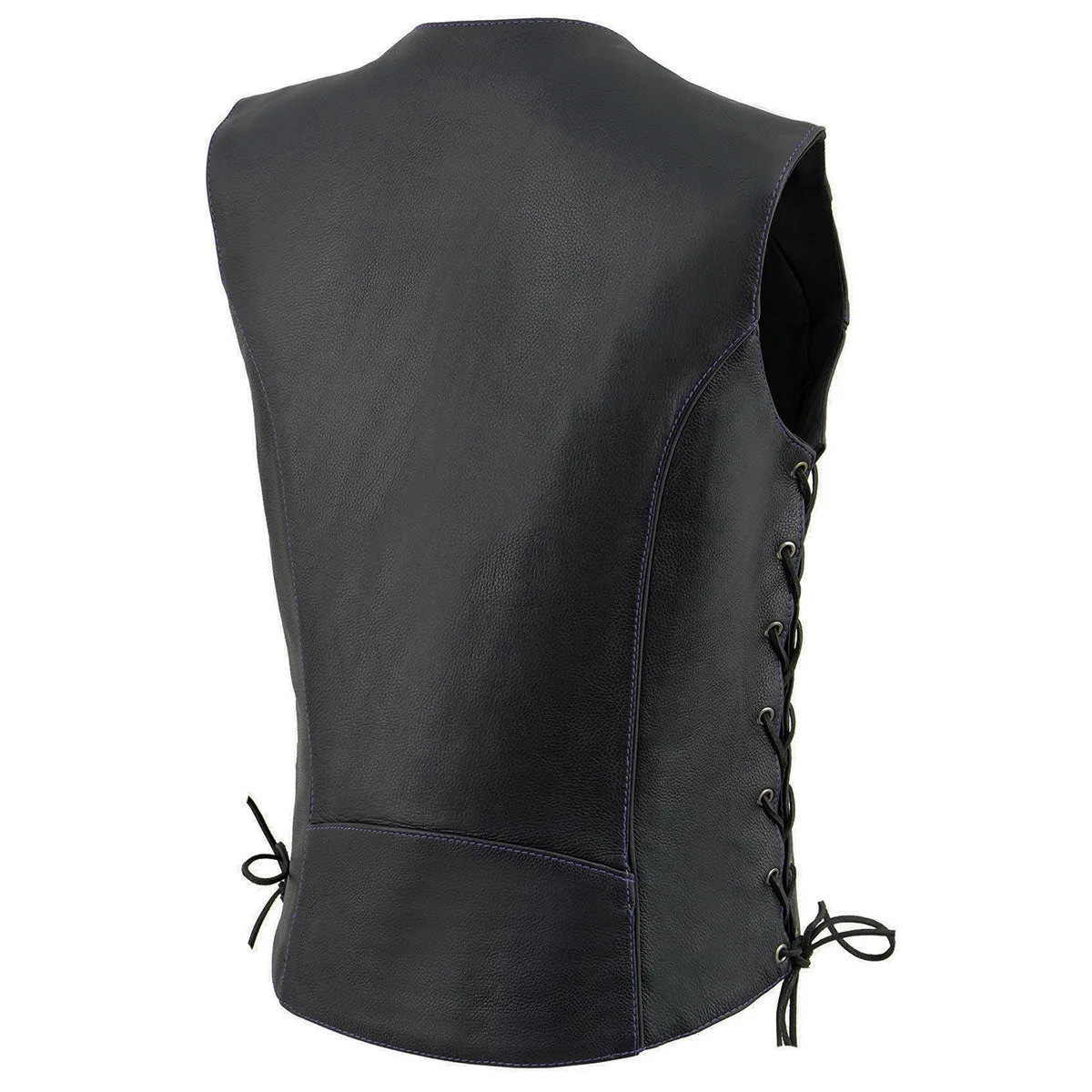 Purple Color ML1296 PURPLE Women's Black Leather Side Lace Motorcycle Rider Vest- Reflective Piping and Purple Skulls