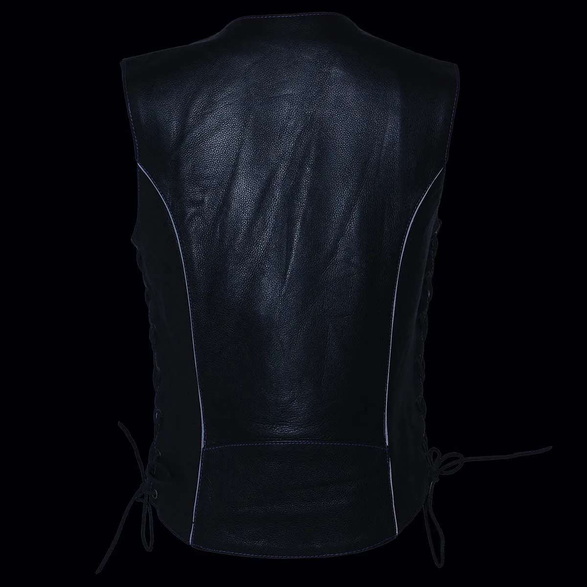 Purple Color ML1296 PURPLE Women's Black Leather Side Lace Motorcycle Rider Vest- Reflective Piping and Purple Skulls
