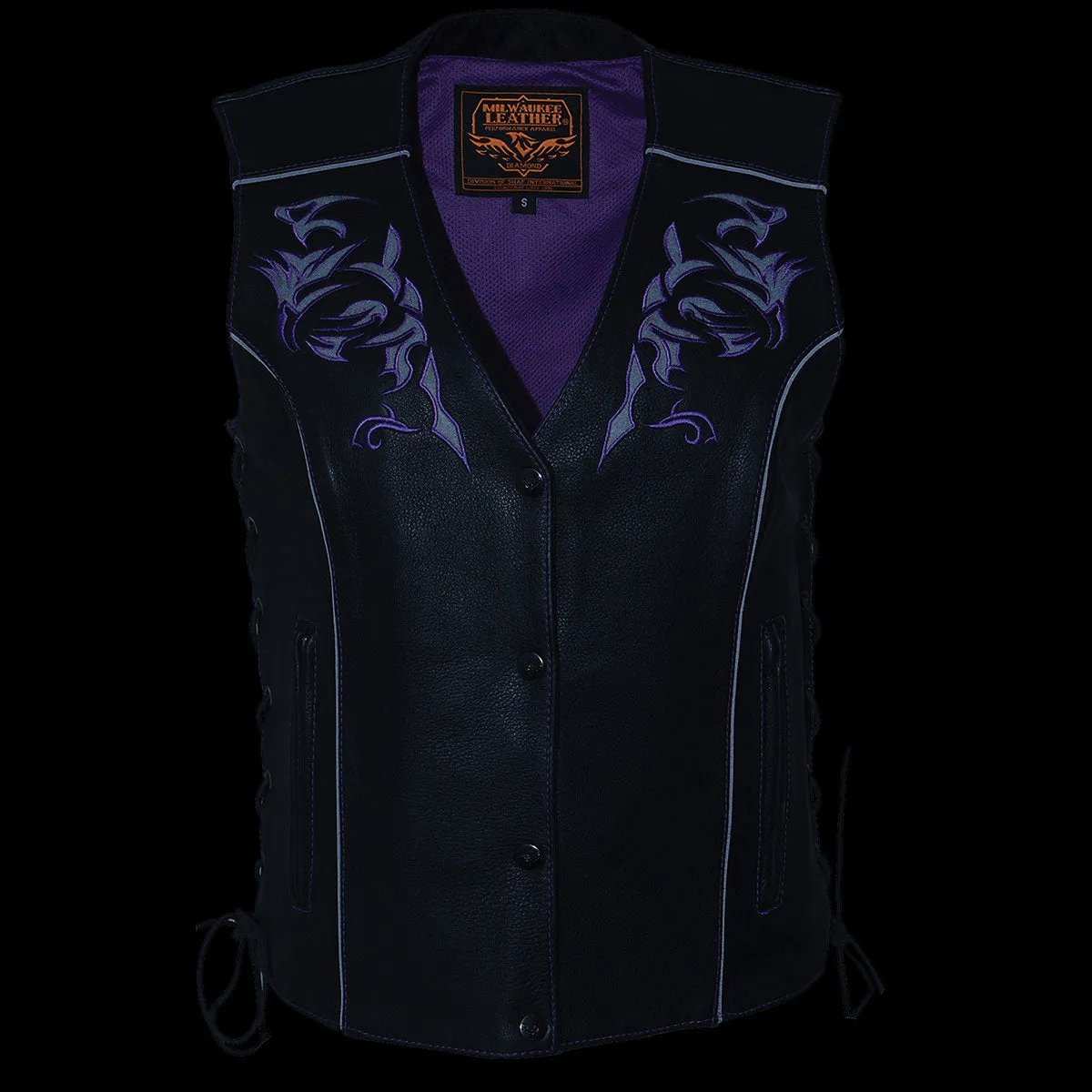 Purple Color ML1296 PURPLE Women's Black Leather Side Lace Motorcycle Rider Vest- Reflective Piping and Purple Skulls
