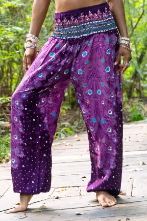 Purple Peacock Feather Harem Pants