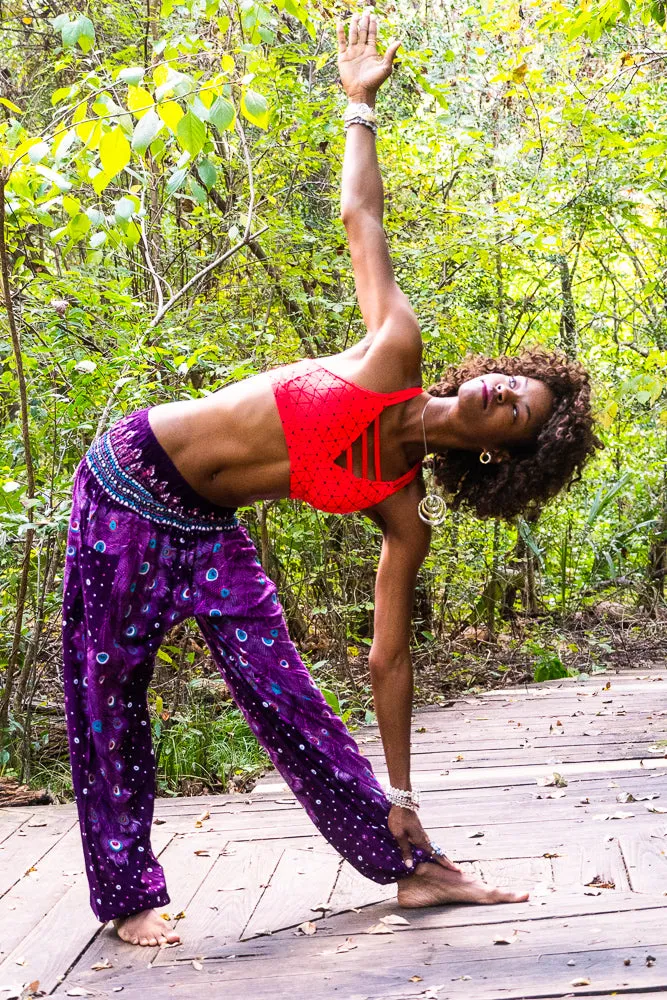 Purple Peacock Feather Harem Pants