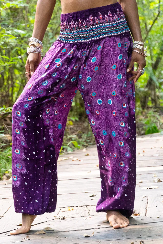 Purple Peacock Feather Harem Pants