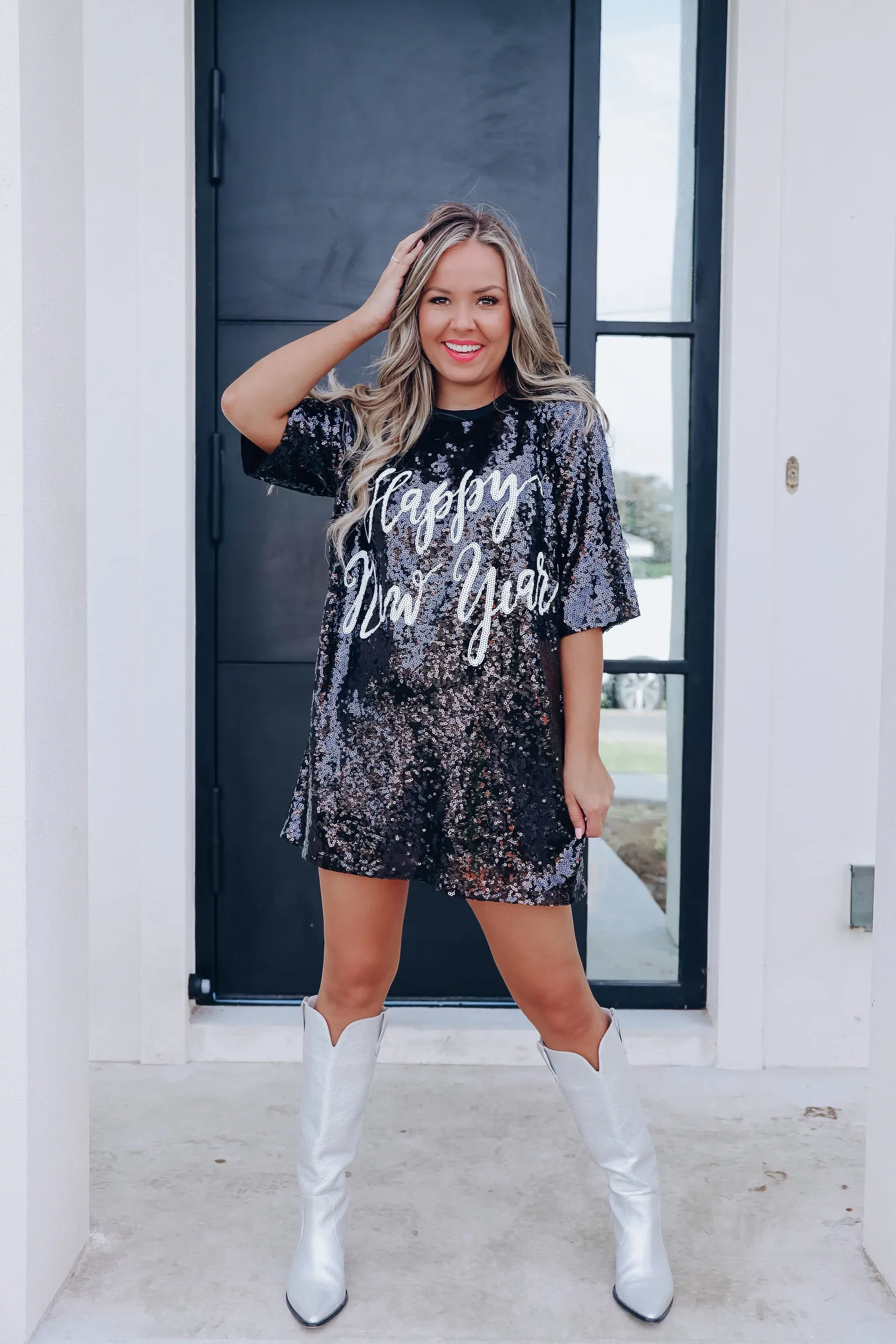 "New Years" Sequin T-Shirt Dress - Black
