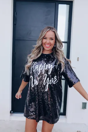 "New Years" Sequin T-Shirt Dress - Black